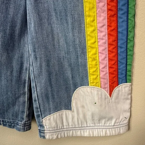 MINI BODEN Denim Rainbow Overalls Jumpsuit 6-7 122cm Blue Overall Clouds Bows - Picture 7 of 10